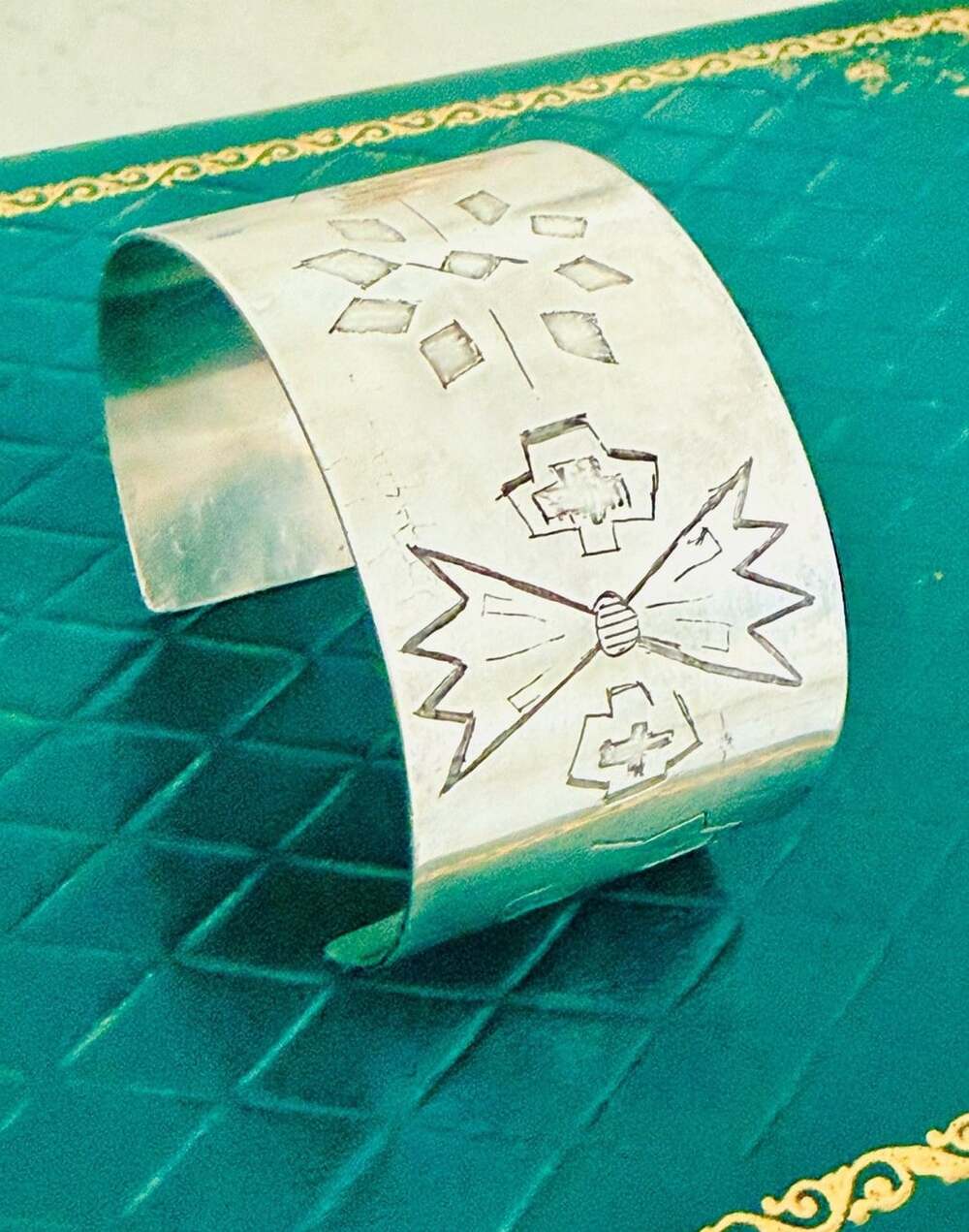 Native American Sterling Silver Wide Cuff Bracelet Hand Stamped Vintage Navajo